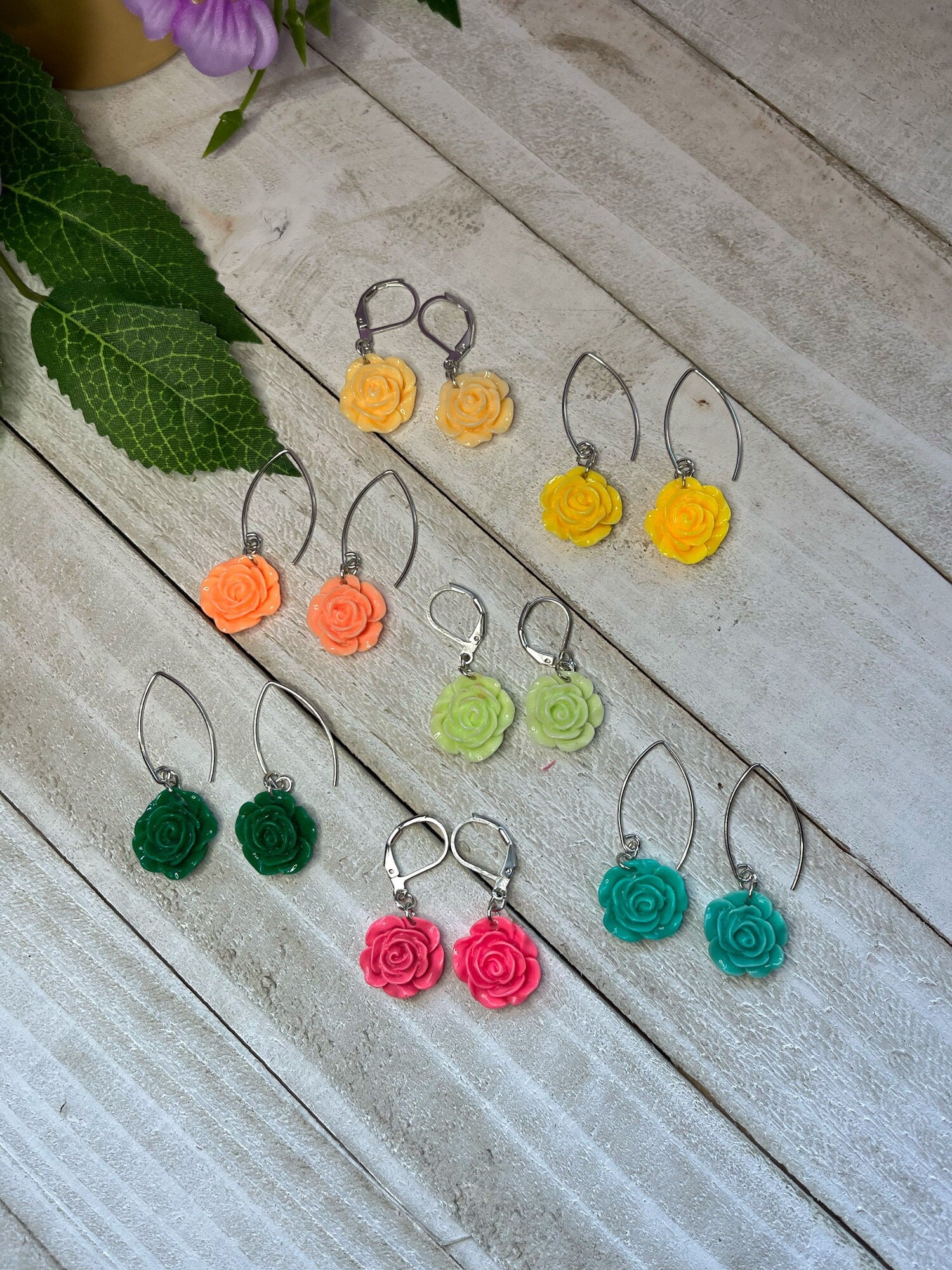 Acrylic Flower Dangle Earrings | Summer Colorful Flower Earrings | Rose Earrings Angled | Gifts for Women | Rainbow Flowers | Huggie Hoops |