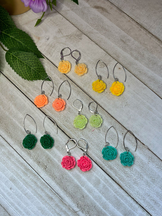 Acrylic Flower Dangle Earrings | Summer Colorful Flower Earrings | Rose Earrings Angled | Gifts for Women | Rainbow Flowers | Huggie Hoops |