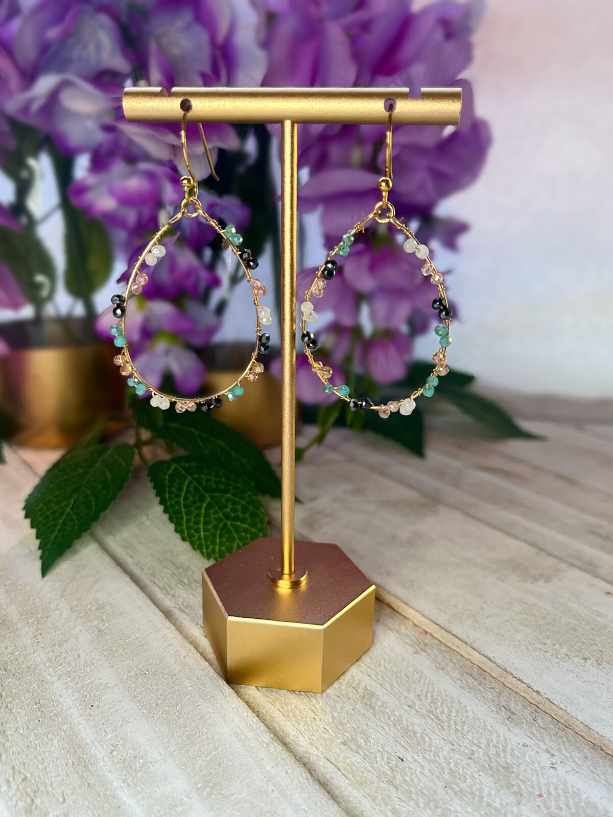 Gold Wire Wrapped Hoop Earrings | Multi Color Beads | Elegant Minimalist Jewelry for Women | Gold Wrapped Jewelry | Teardrop Gold Earrings
