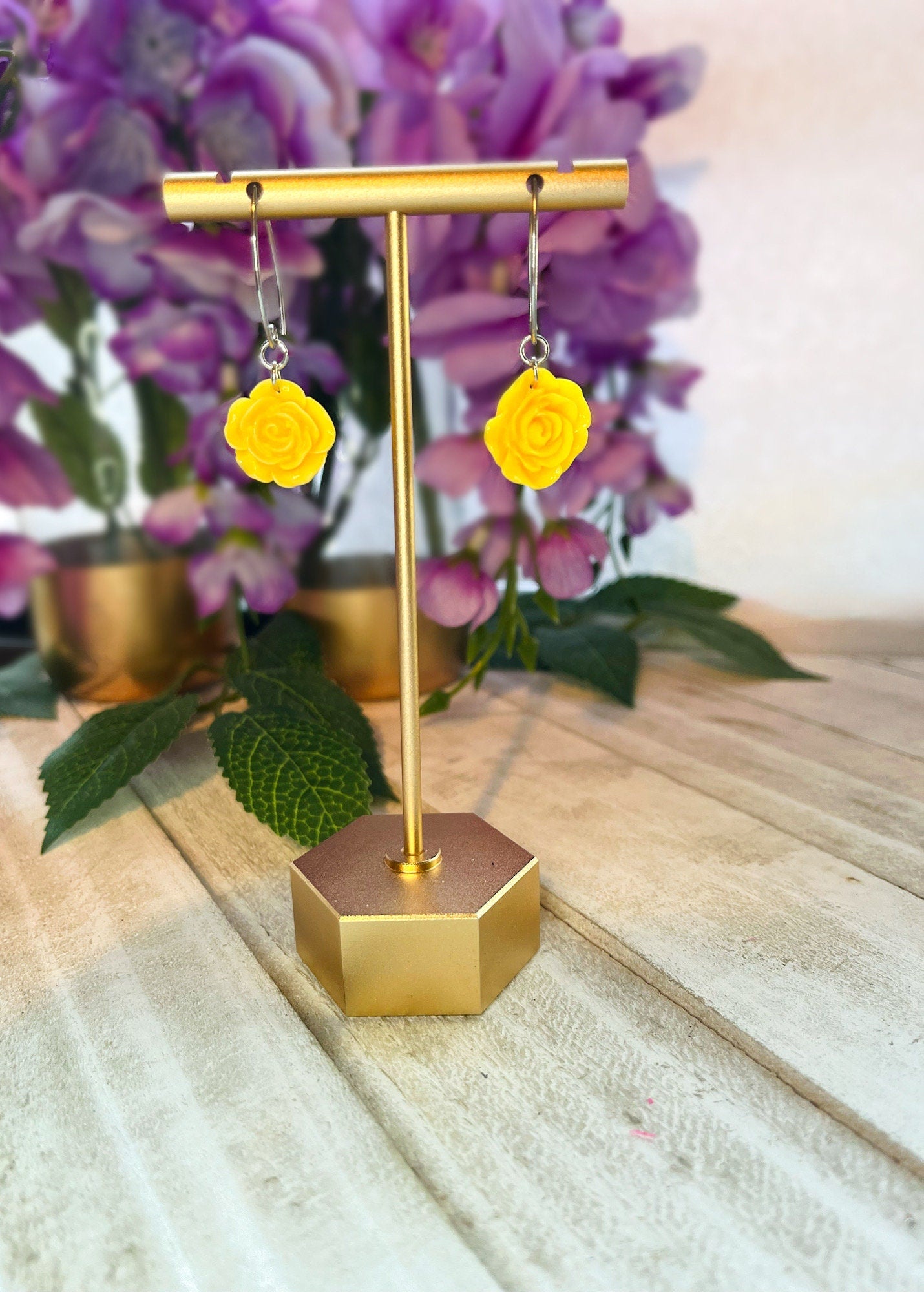 Acrylic Flower Dangle Earrings | Summer Colorful Flower Earrings | Rose Earrings Angled | Gifts for Women | Rainbow Flowers | Huggie Hoops |