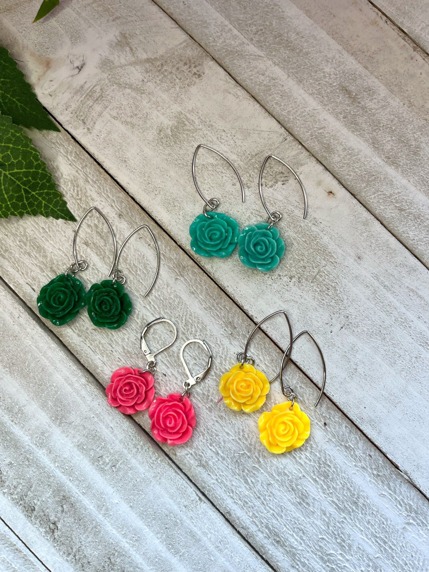 Acrylic Flower Dangle Earrings | Summer Colorful Flower Earrings | Rose Earrings Angled | Gifts for Women | Rainbow Flowers | Huggie Hoops |