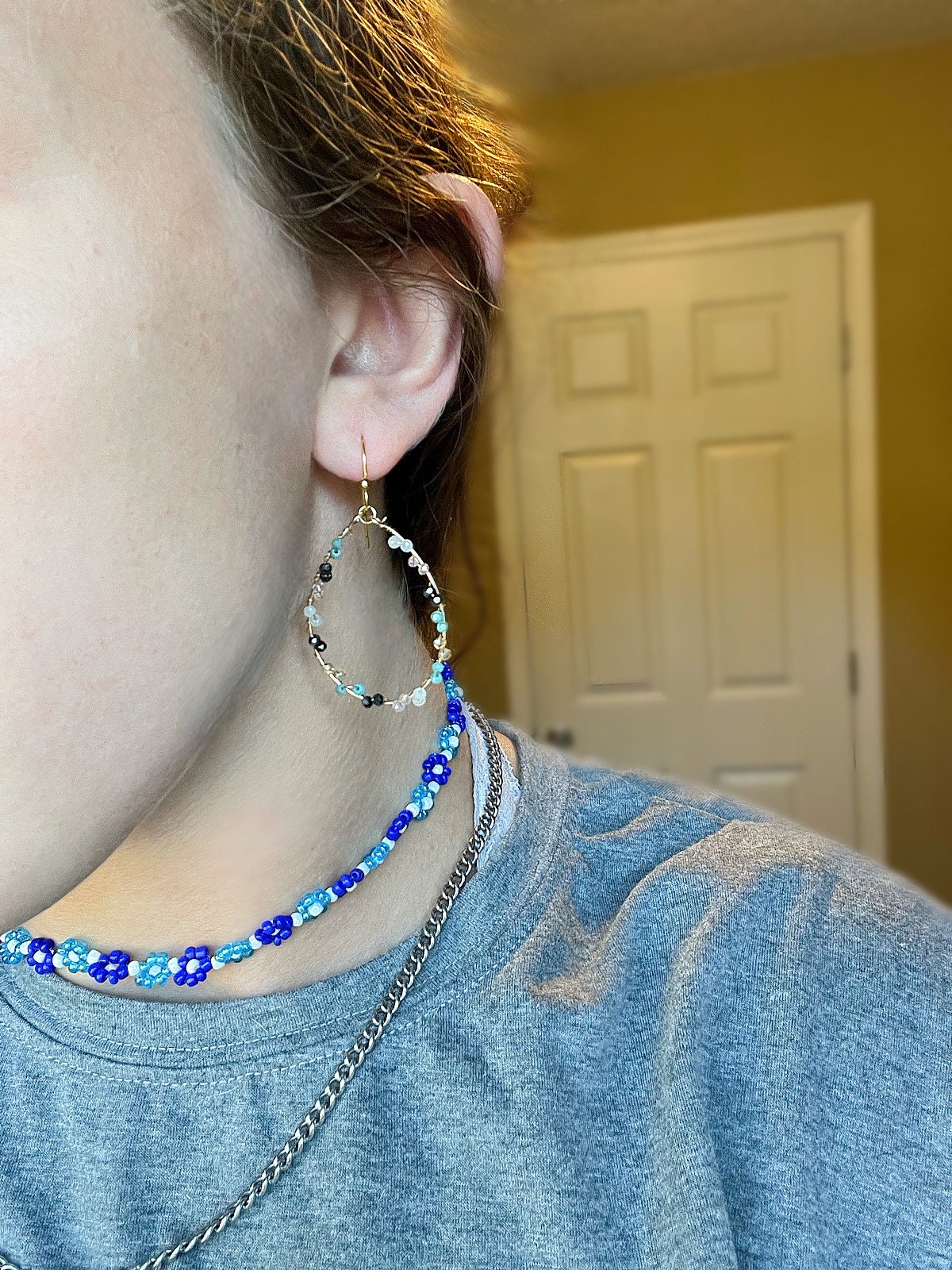 Gold Wire Wrapped Hoop Earrings | Multi Color Beads | Elegant Minimalist Jewelry for Women | Gold Wrapped Jewelry | Teardrop Gold Earrings