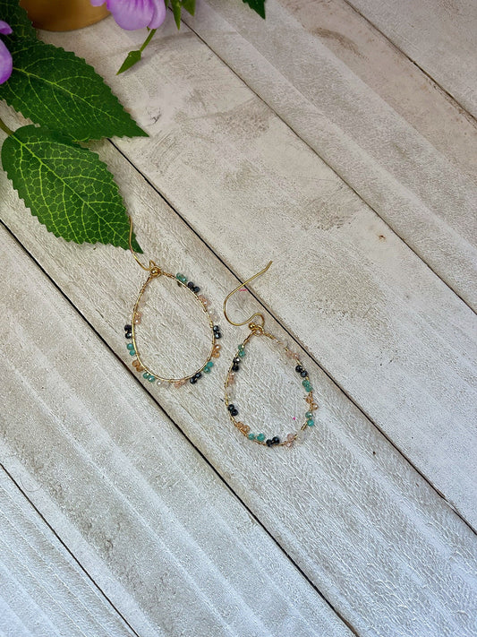 Gold Wire Wrapped Hoop Earrings | Multi Color Beads | Elegant Minimalist Jewelry for Women | Gold Wrapped Jewelry | Teardrop Gold Earrings
