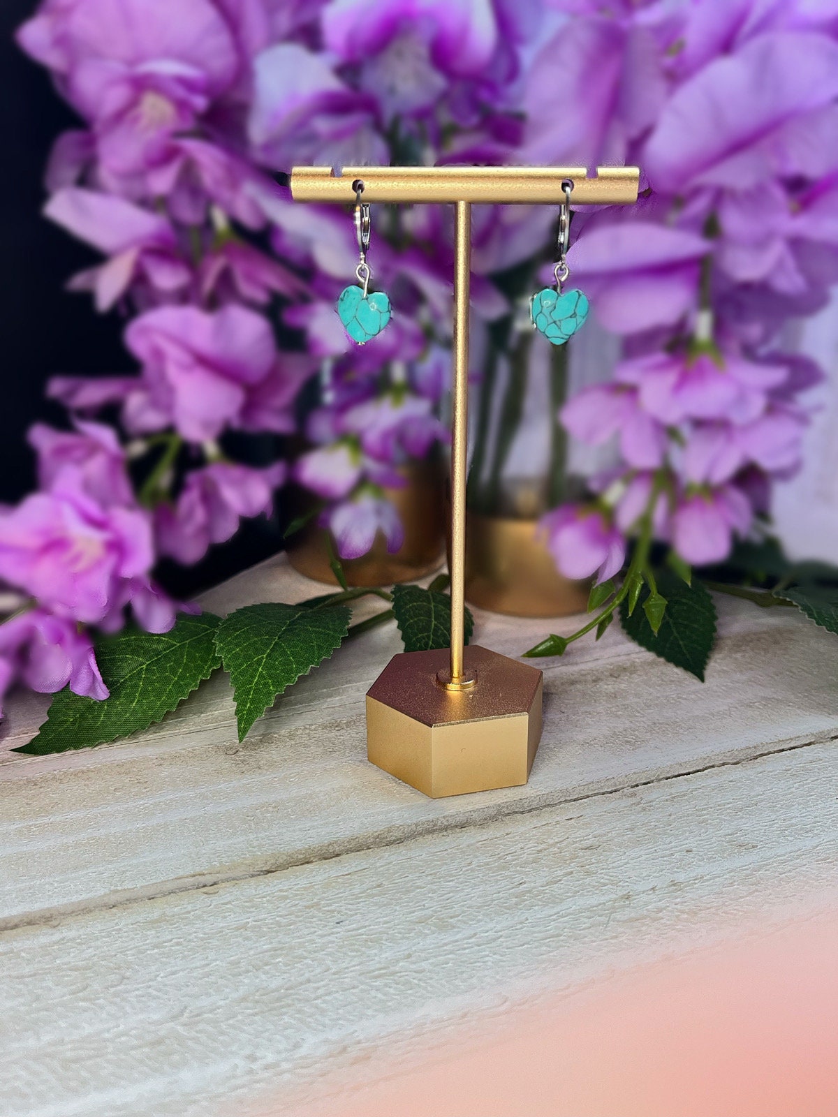 Turquoise Stone Heart Earrings | Gold and Silver Huggie Hoop Earrings | Cracked Faux Turquoise White Huggies | Western Jewelry for Women |
