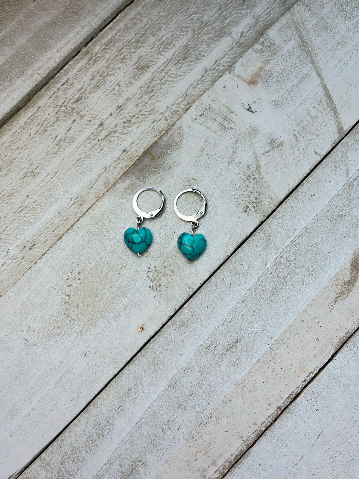 Turquoise Stone Heart Earrings | Gold and Silver Huggie Hoop Earrings | Cracked Faux Turquoise White Huggies | Western Jewelry for Women |