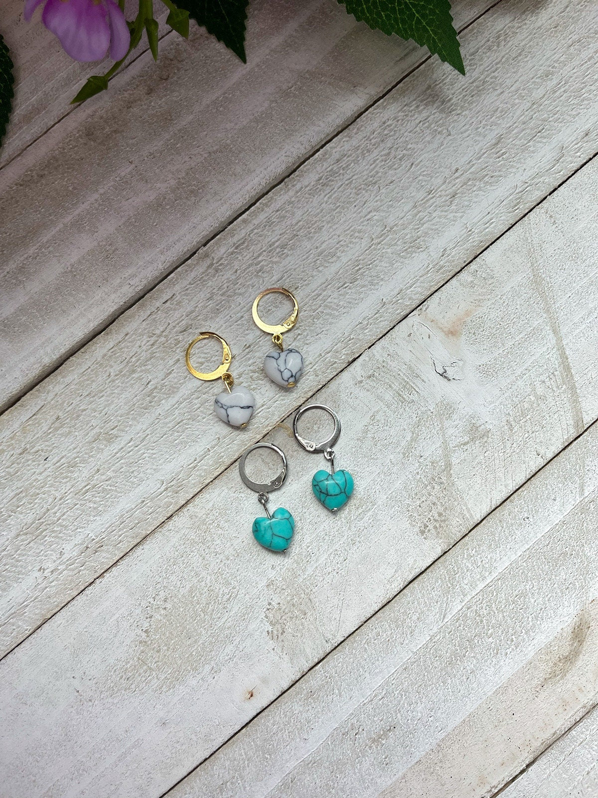 Turquoise Stone Heart Earrings | Gold and Silver Huggie Hoop Earrings | Cracked Faux Turquoise White Huggies | Western Jewelry for Women |