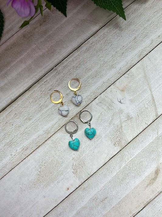 Turquoise Stone Heart Earrings | Gold and Silver Huggie Hoop Earrings | Cracked Faux Turquoise White Huggies | Western Jewelry for Women |