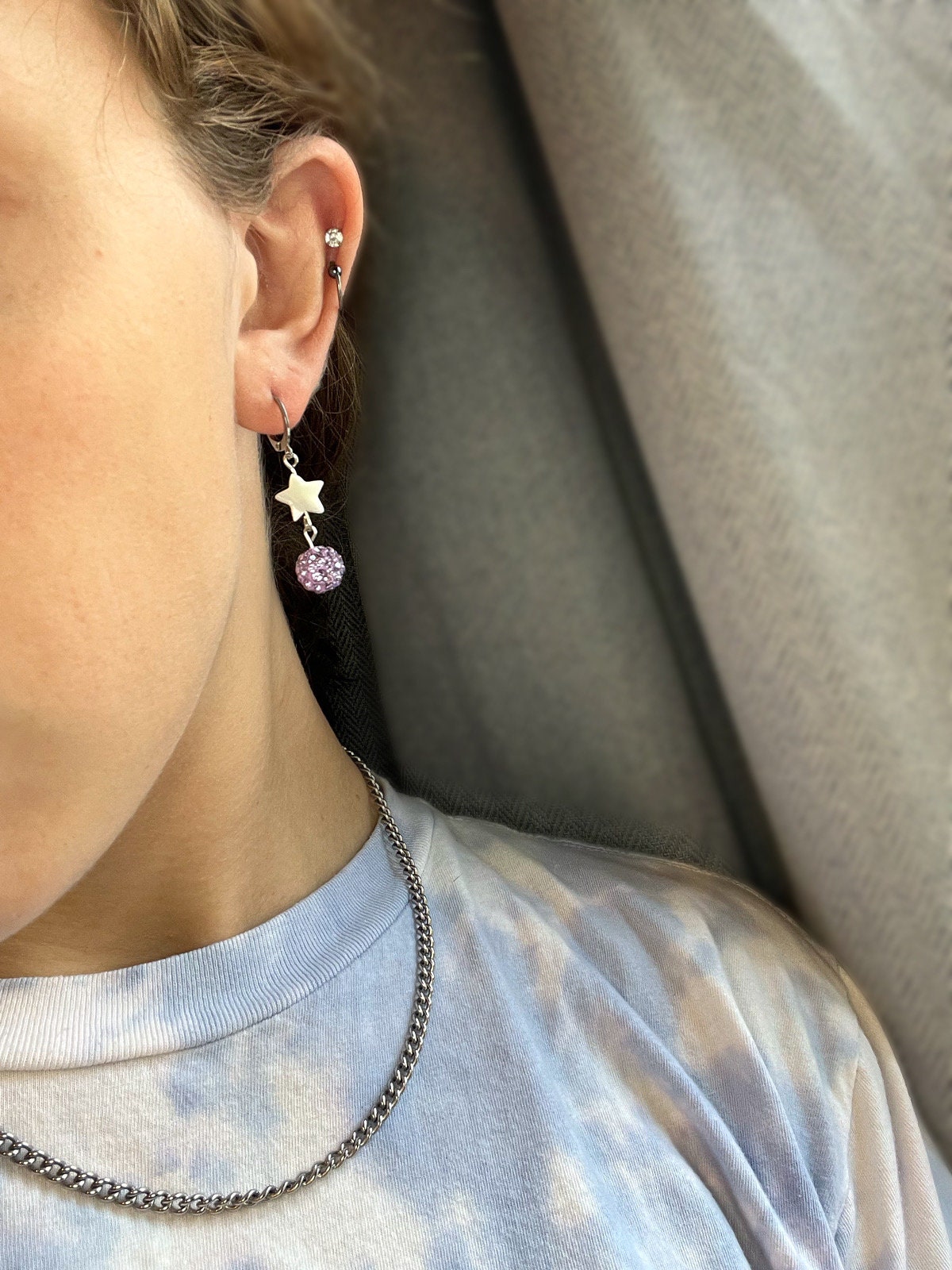 Pearl Rhinestone Ball Earrings | Sparkling Huggie Hoop Earrings for Women | Gold Silver Huggie Hoop Earrings | Purple and Black Earrings |