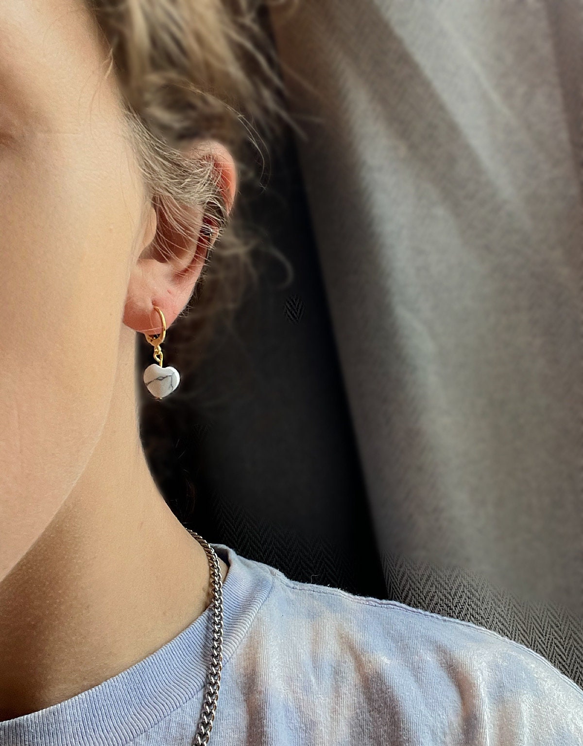 Turquoise Stone Heart Earrings | Gold and Silver Huggie Hoop Earrings | Cracked Faux Turquoise White Huggies | Western Jewelry for Women |