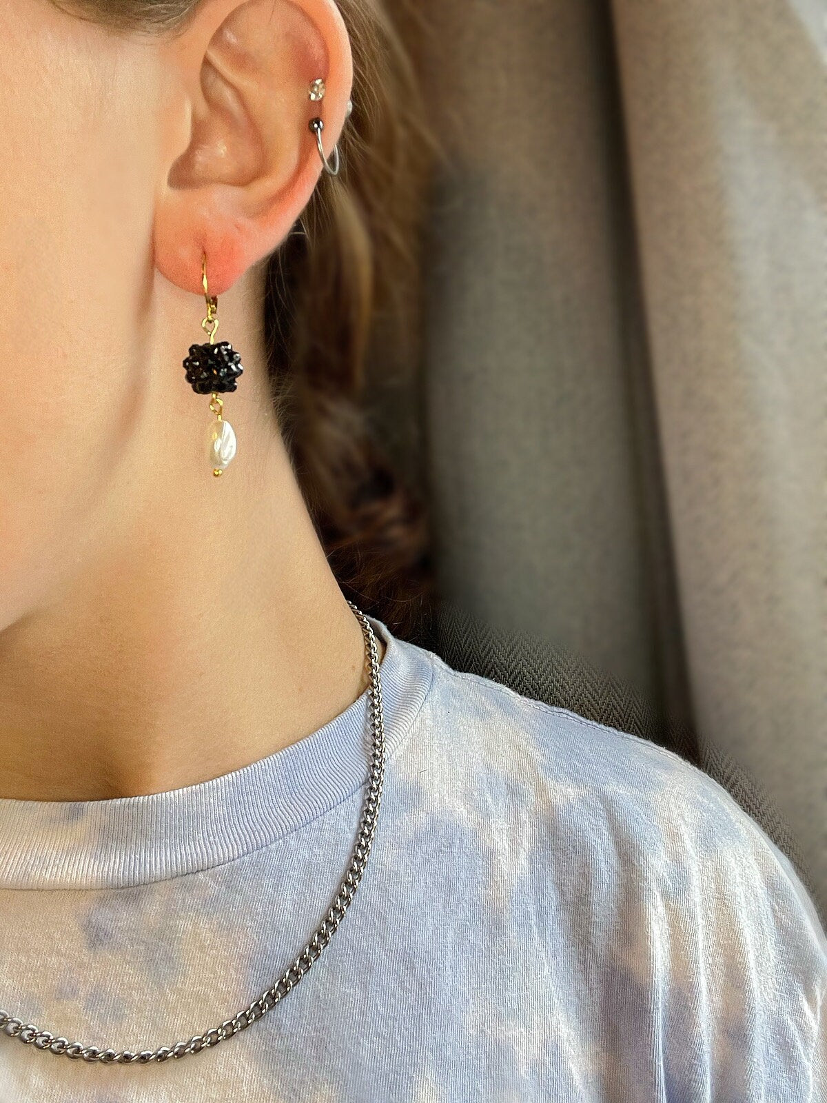 Pearl Rhinestone Ball Earrings | Sparkling Huggie Hoop Earrings for Women | Gold Silver Huggie Hoop Earrings | Purple and Black Earrings |