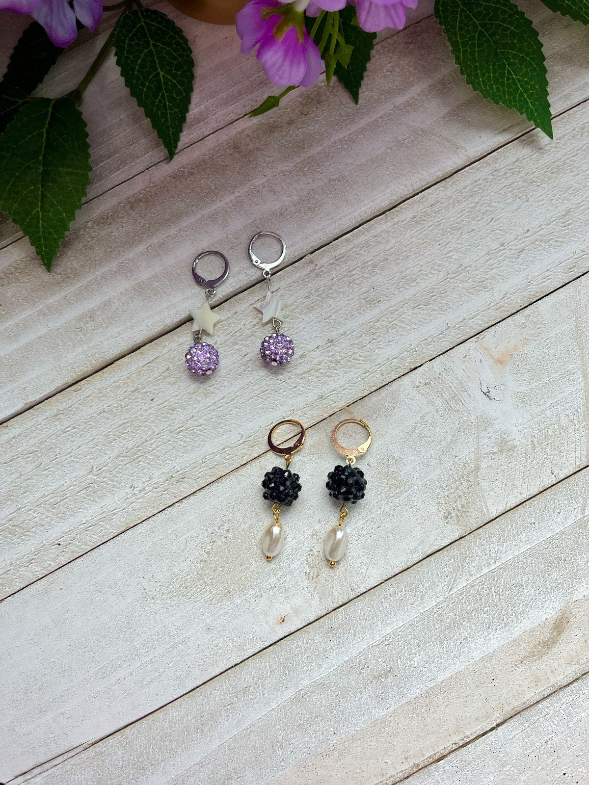 Pearl Rhinestone Ball Earrings | Sparkling Huggie Hoop Earrings for Women | Gold Silver Huggie Hoop Earrings | Purple and Black Earrings |