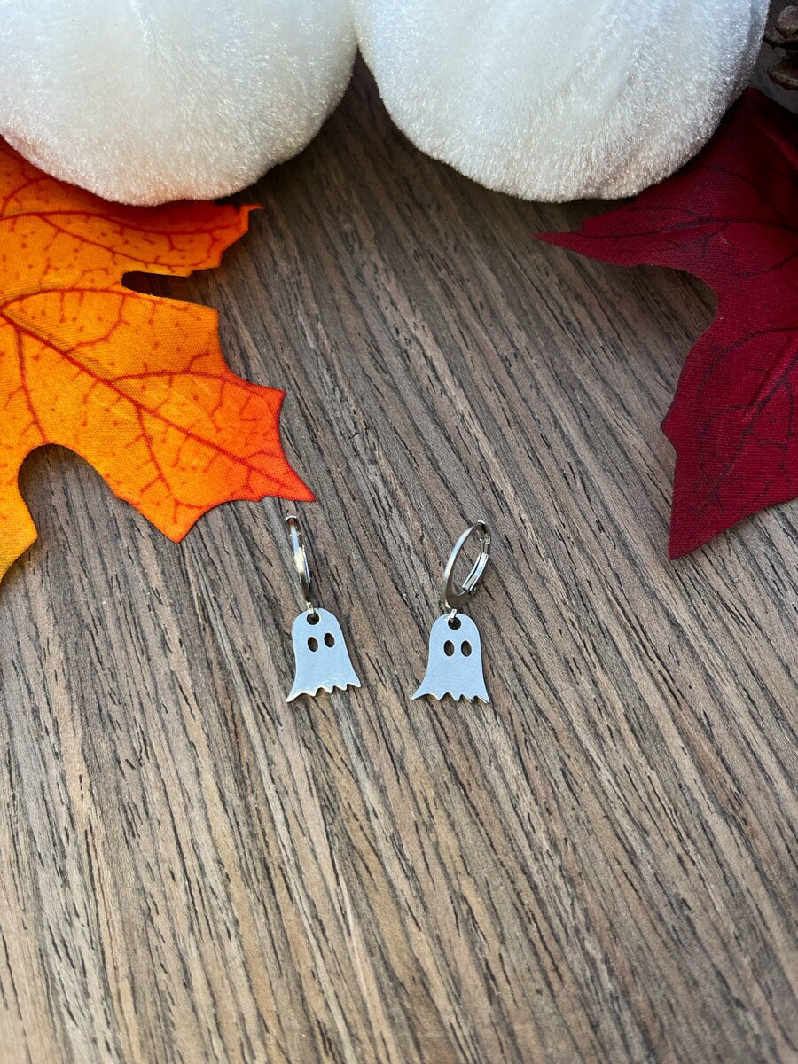 Stainless Steel Ghost Huggie Hoop Earrings | Halloween Fall Costume Jewelry | Fun Festive Jewelry for Fall Autumn | Silver Ghost Earrings |