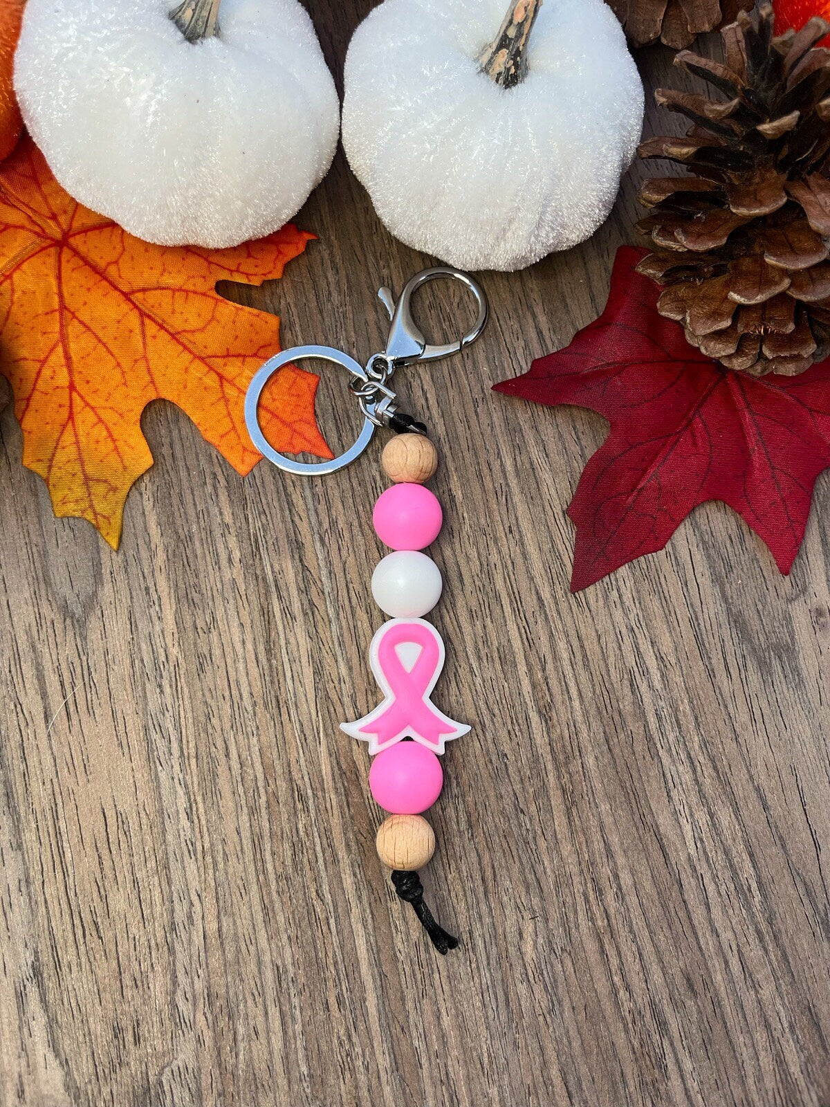 Breast Cancer Awareness Keychain | Pink & White Keychain | Silicone Beaded Keychain | Pink Ribbon Keychain | Gifts for Family Friends |
