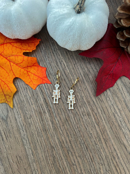 Gold Skeleton Huggie Hoop Earrings | Dainty Minimal Earrings | Fall Halloween Skeleton Earrings | Gold Jewelry | Stainless Steel