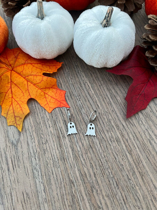 Stainless Steel Ghost Huggie Hoop Earrings | Halloween Fall Costume Jewelry | Fun Festive Jewelry for Fall Autumn | Silver Ghost Earrings |