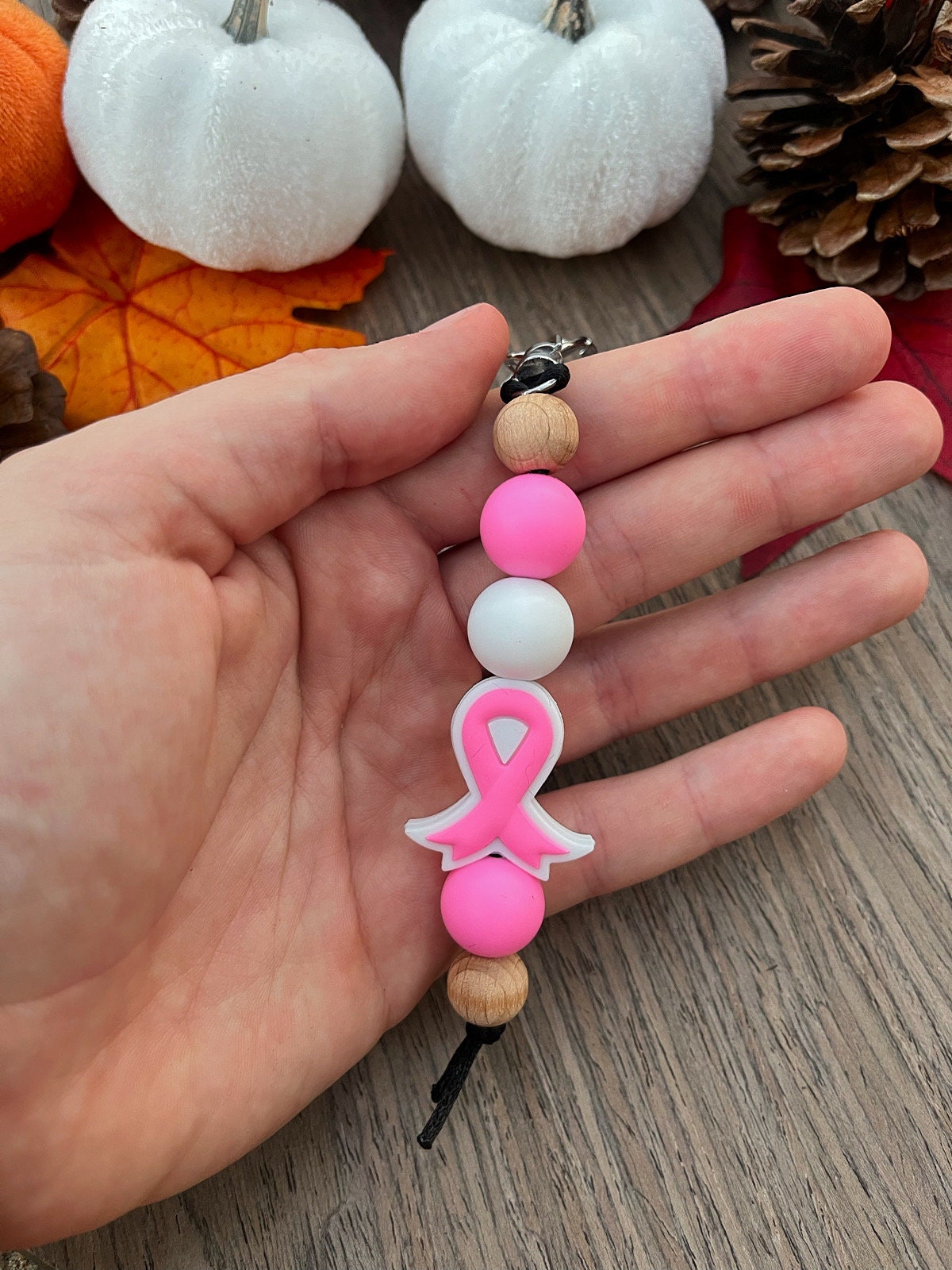 Breast Cancer Awareness Keychain | Pink & White Keychain | Silicone Beaded Keychain | Pink Ribbon Keychain | Gifts for Family Friends |