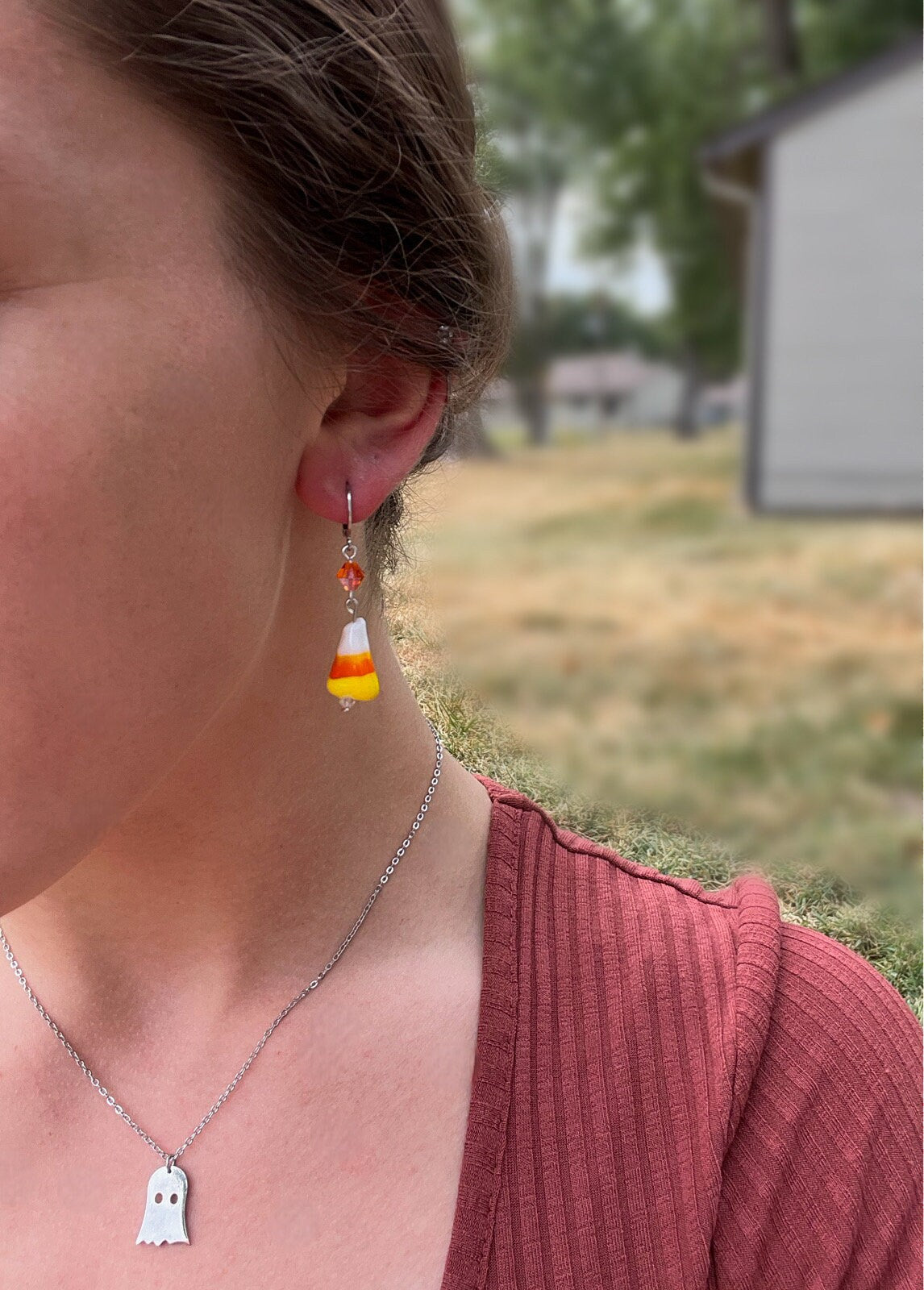 Candy Corn Dangle Earrings | Huggie Hoop Orange Triangle Earrings | Halloween Candy Spooky Fun Earrings | Spooky Season | Stainless Steel |