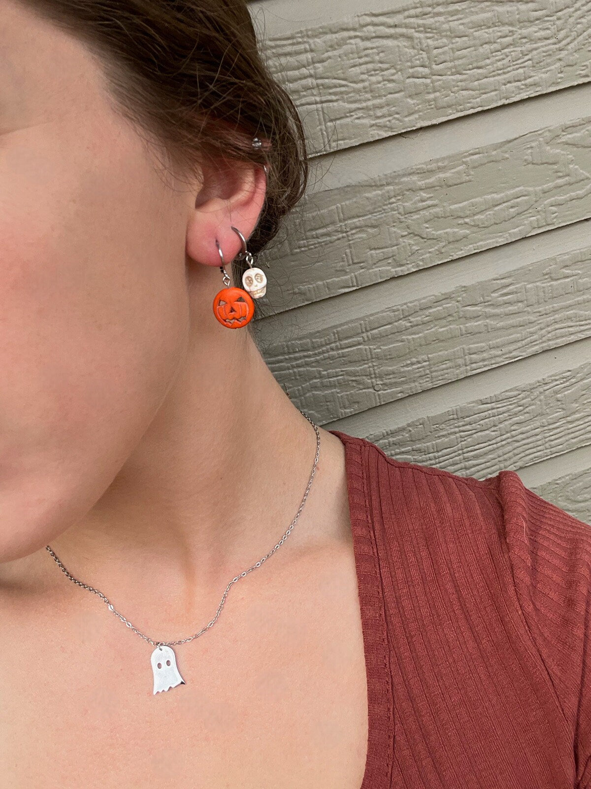Pumpkin Skeleton Huggie Hoop Earrings | Minimalist Earrings Halloween | Stainless Steel | Lightweight Stackable Earrings | Costume Jewelry |