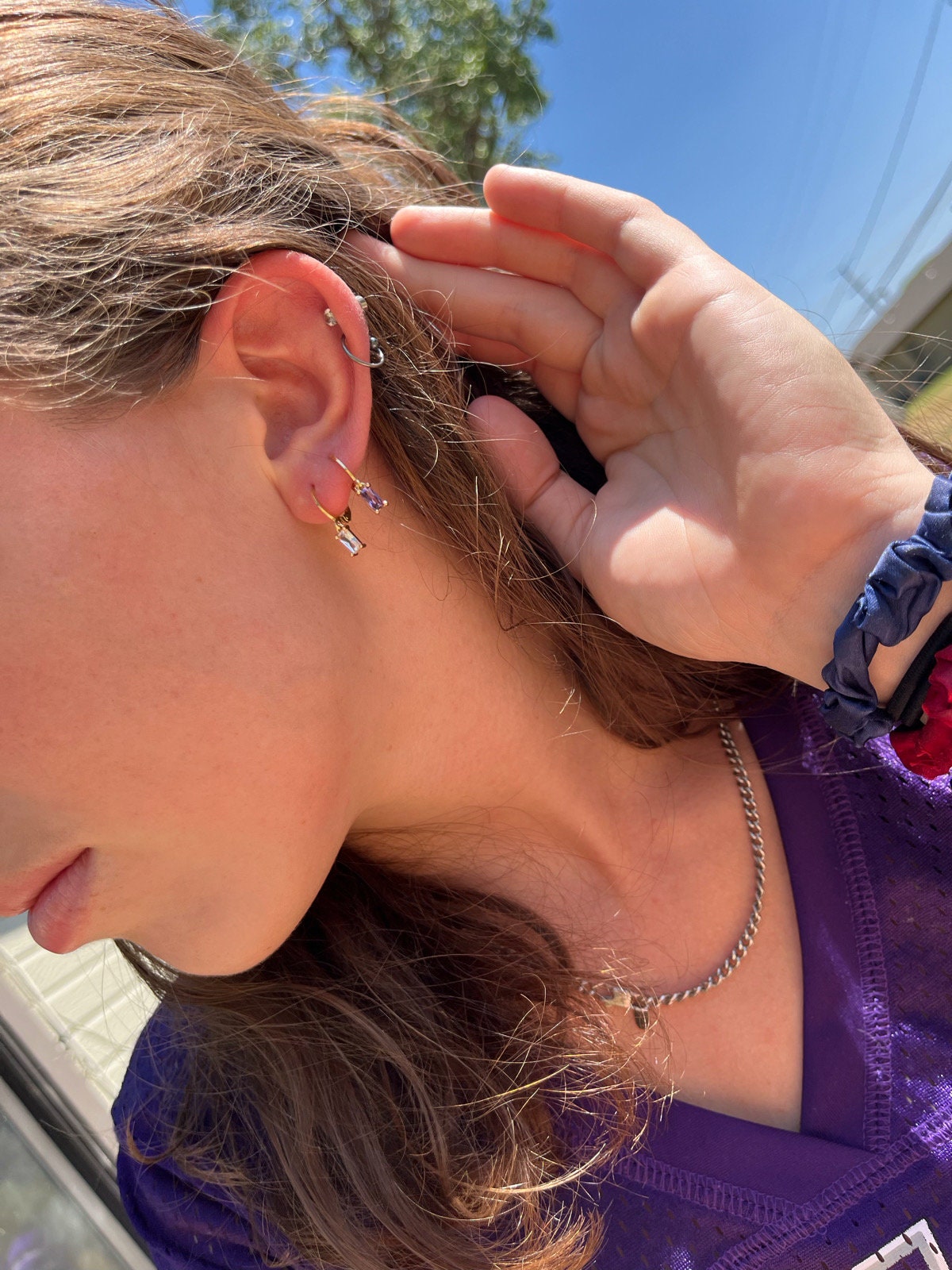 18k Gold Filled Cubic Zirconia Huggie Hoop Earring | Purple White Gemstone Earrings | Gold Jewelry | Birthstone Earring | Stainless Steel |
