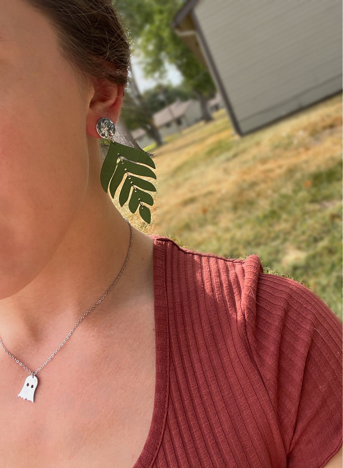 Wood Layered Leaf Earrings | Wooden Silver Dangle Leaf Earrings Women | Fall Summer Stacked Leaf Earrings | Silver Jewelry for Women |