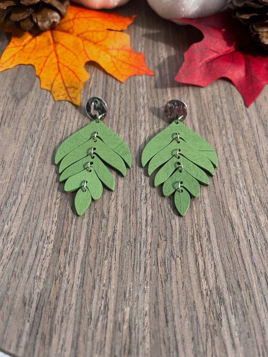 Wood Layered Leaf Earrings | Wooden Silver Dangle Leaf Earrings Women | Fall Summer Stacked Leaf Earrings | Silver Jewelry for Women |