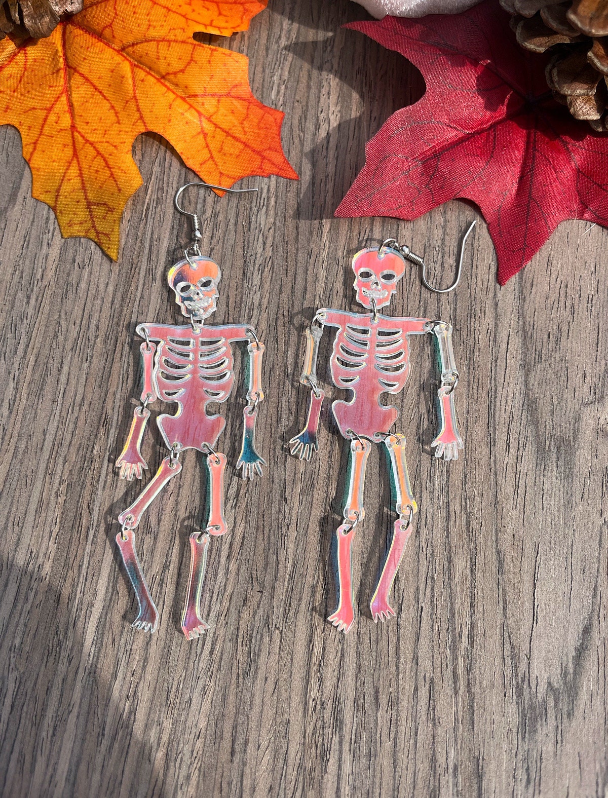 Holographic Acrylic Skeleton Earrings | Dangle Skeleton Earrings | Halloween Large Skeleton Parts Earrings | Spooky Season Dangle Earrings |