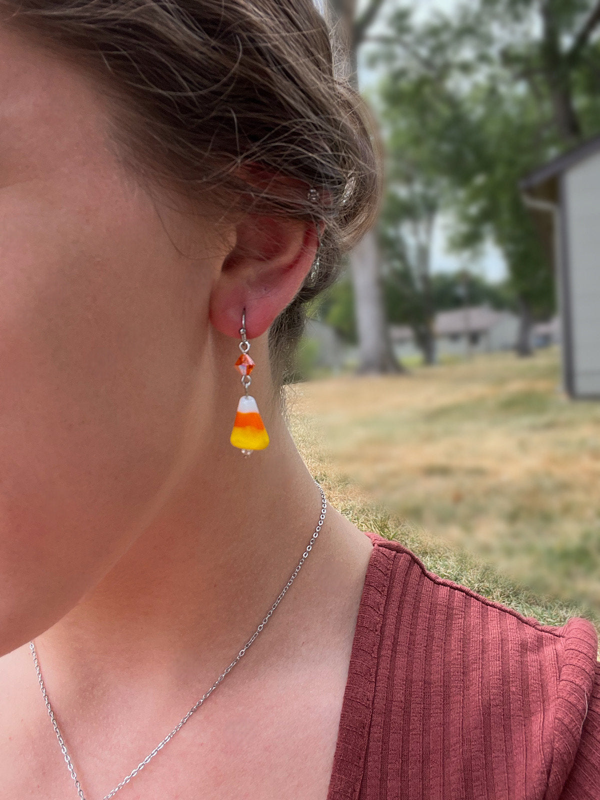 Candy Corn Dangle Earrings | Huggie Hoop Orange Triangle Earrings | Halloween Candy Spooky Fun Earrings | Spooky Season | Stainless Steel |