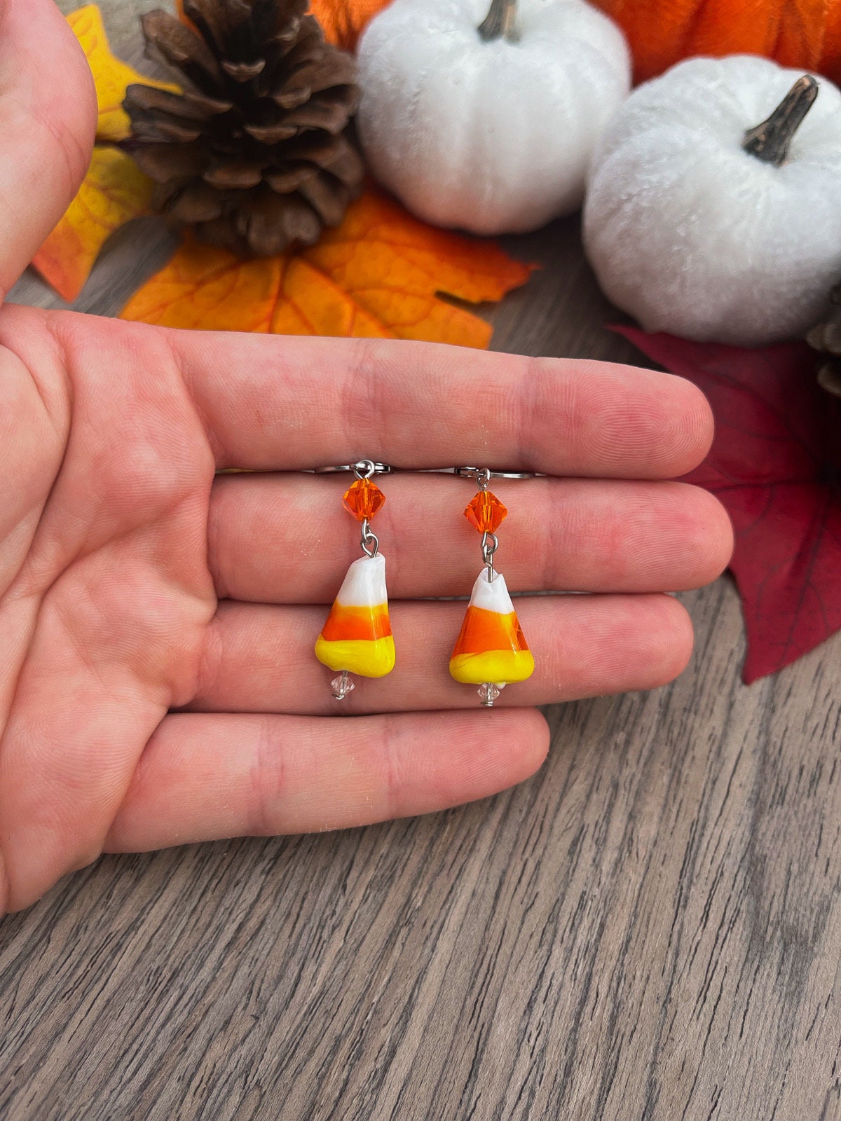 Candy Corn Dangle Earrings | Huggie Hoop Orange Triangle Earrings | Halloween Candy Spooky Fun Earrings | Spooky Season | Stainless Steel |