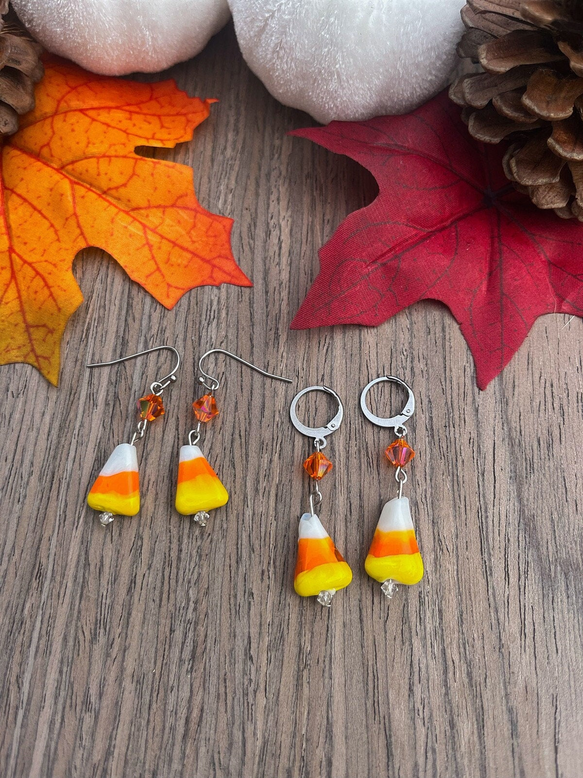 Candy Corn Dangle Earrings | Huggie Hoop Orange Triangle Earrings | Halloween Candy Spooky Fun Earrings | Spooky Season | Stainless Steel |