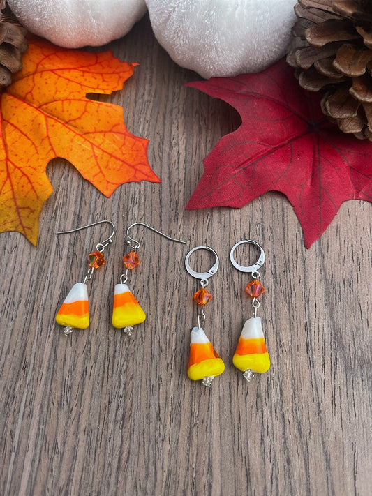 Candy Corn Dangle Earrings | Huggie Hoop Orange Triangle Earrings | Halloween Candy Spooky Fun Earrings | Spooky Season | Stainless Steel |