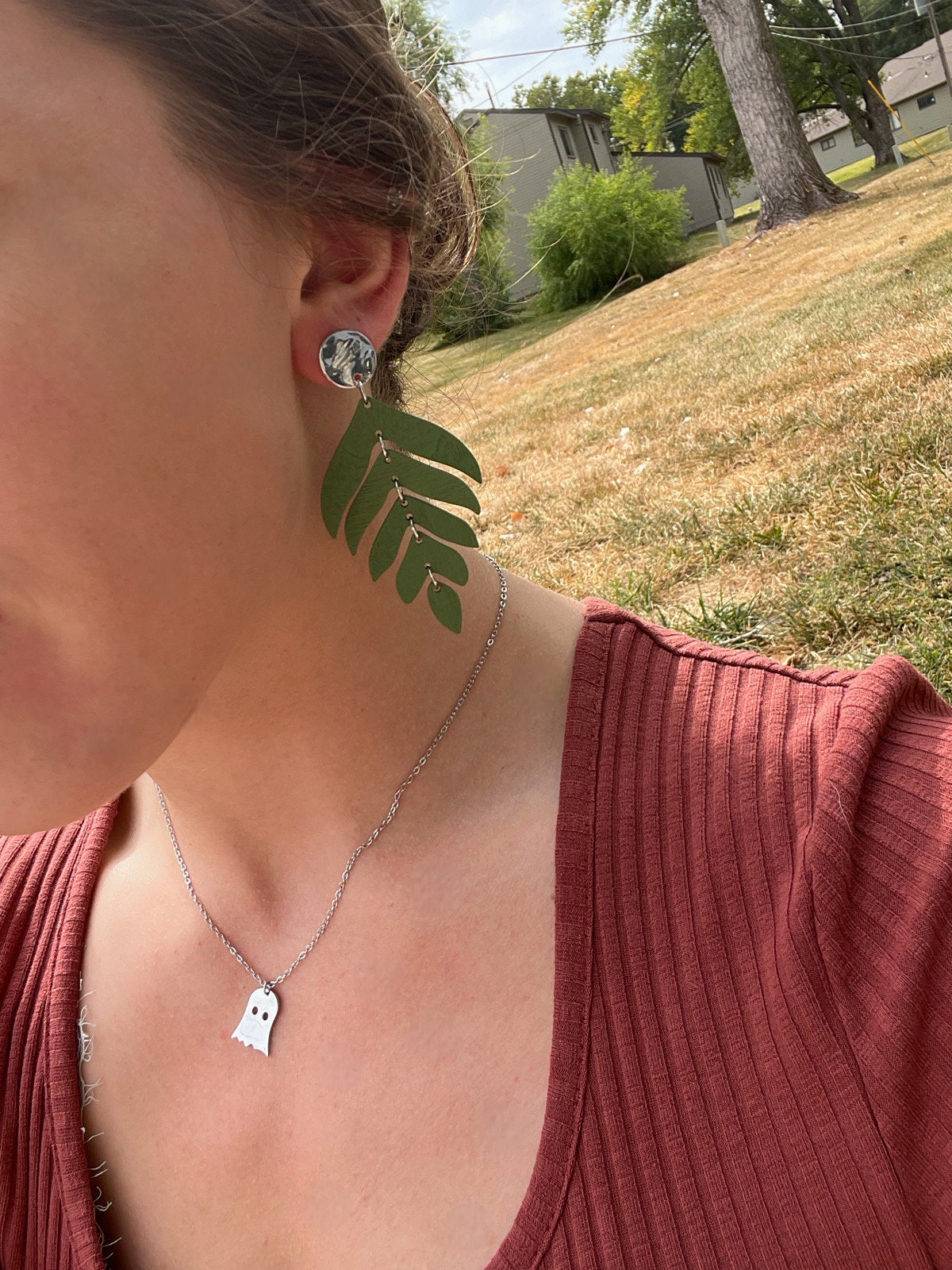 Wood Layered Leaf Earrings | Wooden Silver Dangle Leaf Earrings Women | Fall Summer Stacked Leaf Earrings | Silver Jewelry for Women |