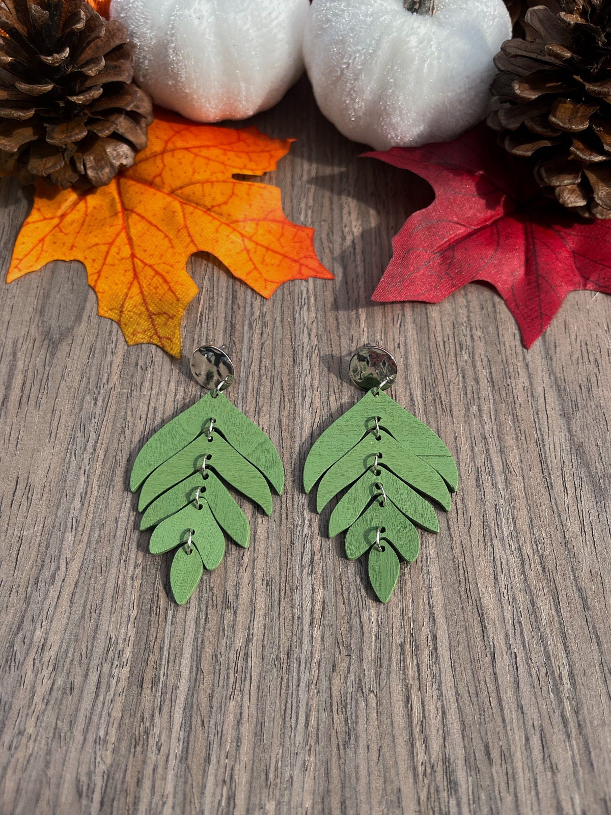 Wood Layered Leaf Earrings | Wooden Silver Dangle Leaf Earrings Women | Fall Summer Stacked Leaf Earrings | Silver Jewelry for Women |