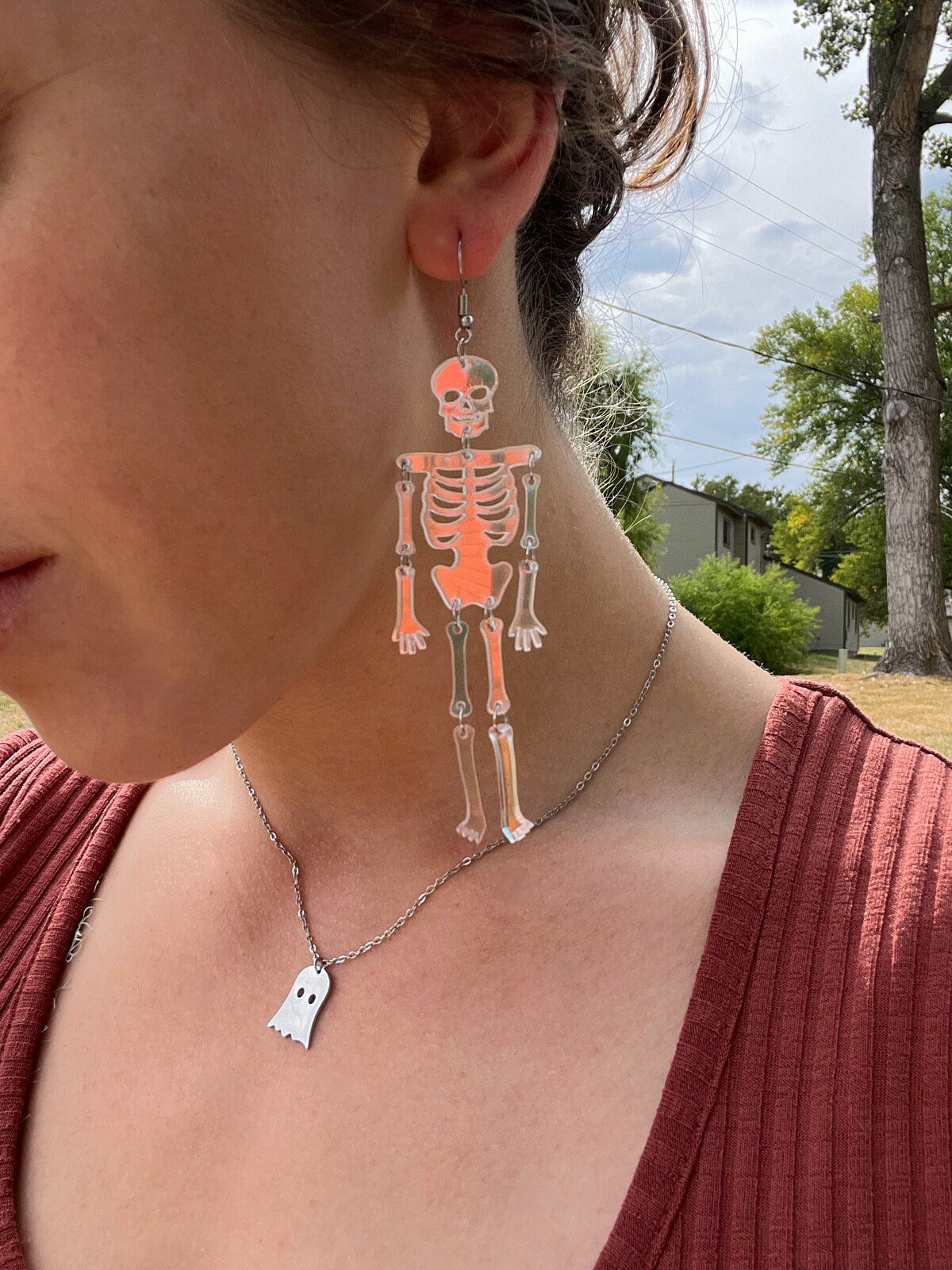 Holographic Acrylic Skeleton Earrings | Dangle Skeleton Earrings | Halloween Large Skeleton Parts Earrings | Spooky Season Dangle Earrings |