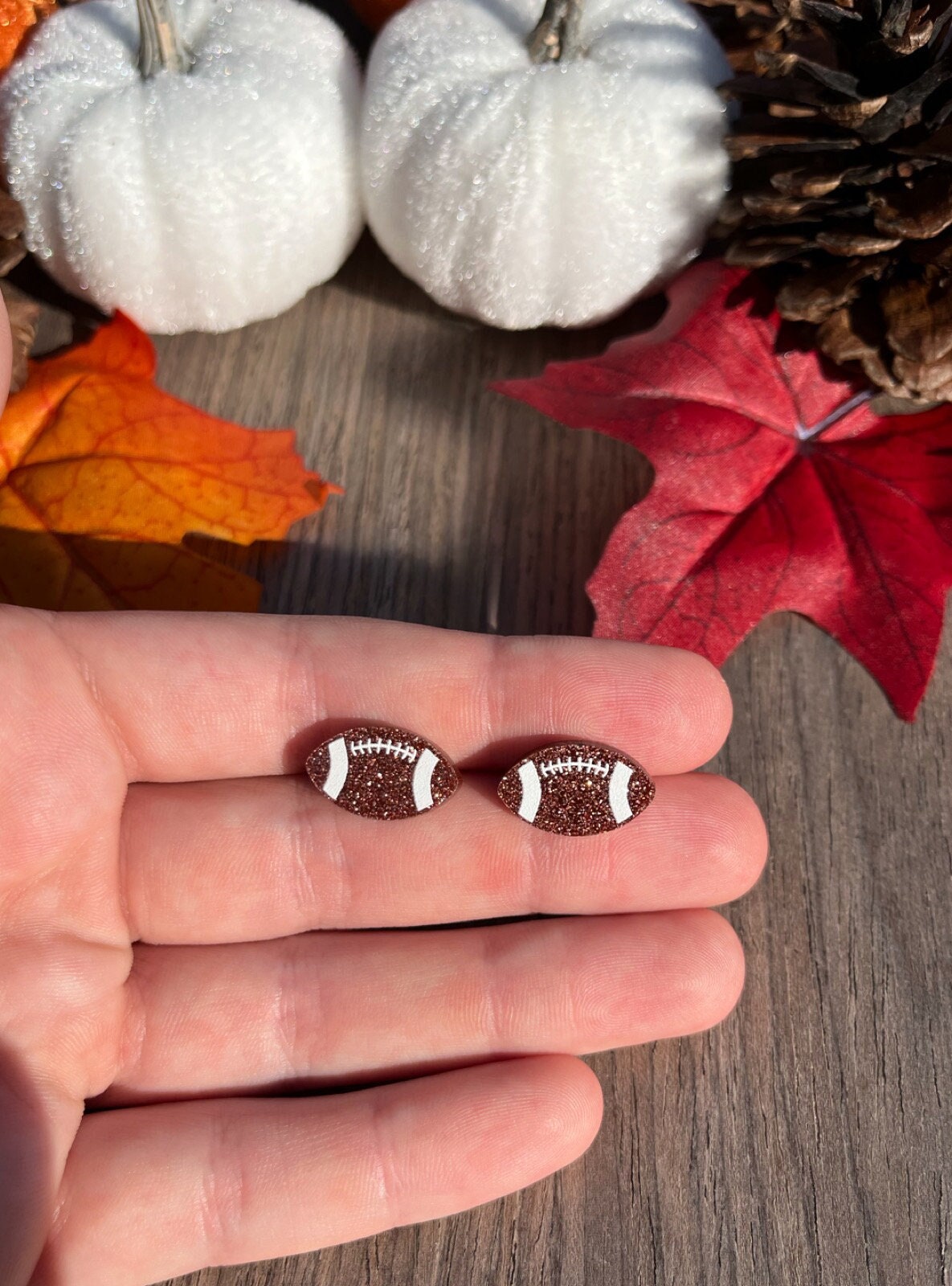Football Stud Earrings | Football Rugby Sports Earrings | Football Season Small Stud | Glitter Brown Earrings | Gifts for Football Fans |