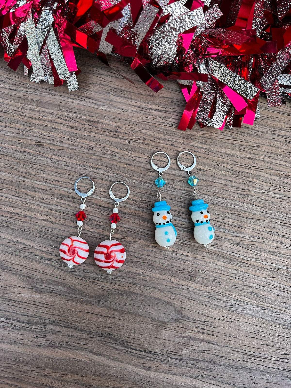 Glass Beaded Earrings | Snowman Peppermint | Dangle Beaded Christmas Earrings | Striped Earrings | Festive Holiday | Gifts | Blown Glass |