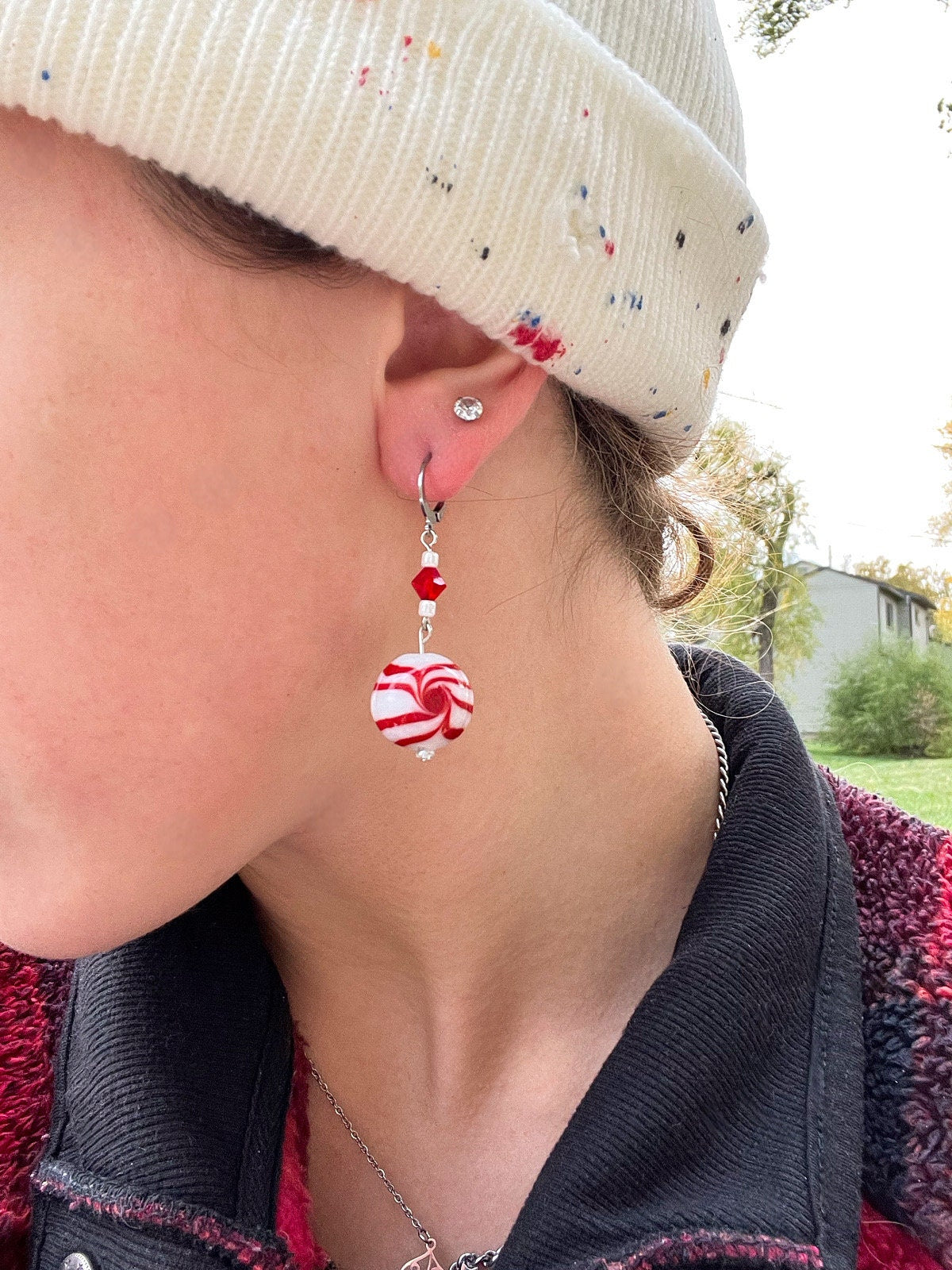 Glass Beaded Earrings | Snowman Peppermint | Dangle Beaded Christmas Earrings | Striped Earrings | Festive Holiday | Gifts | Blown Glass |