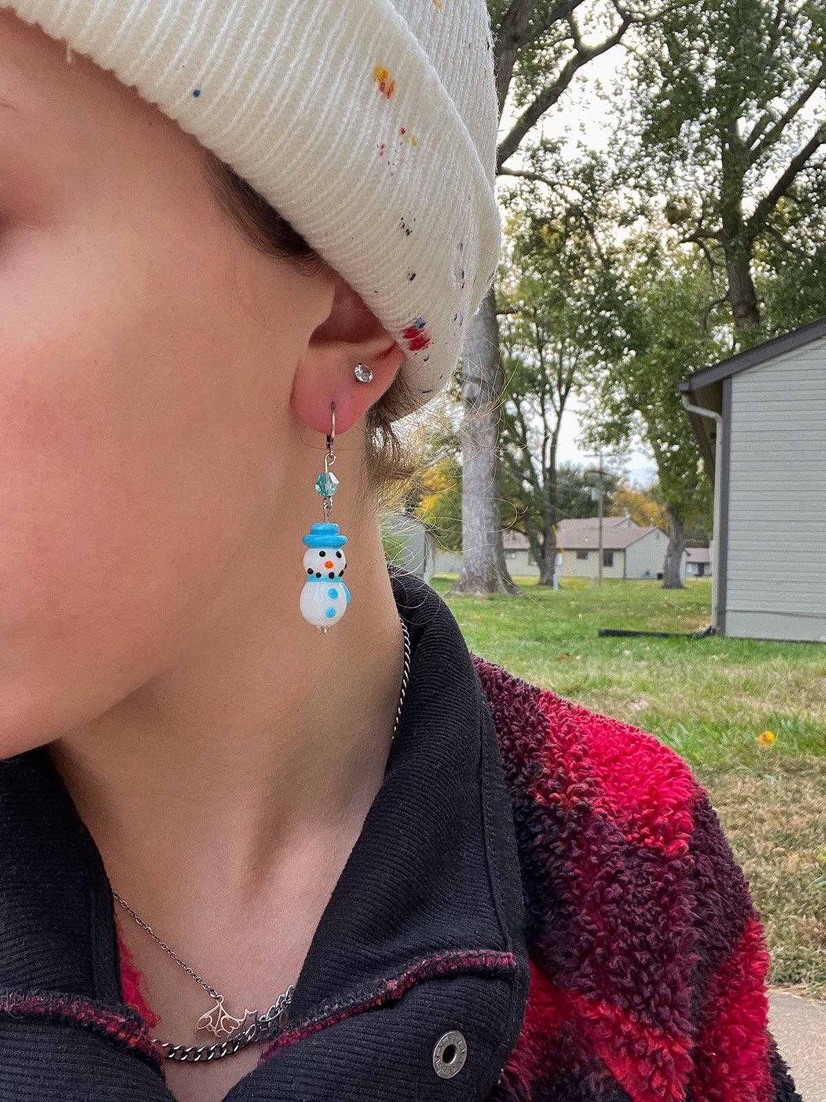 Glass Beaded Earrings | Snowman Peppermint | Dangle Beaded Christmas Earrings | Striped Earrings | Festive Holiday | Gifts | Blown Glass |