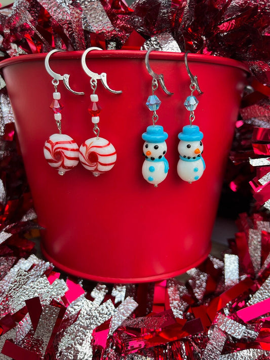 Glass Beaded Earrings | Snowman Peppermint | Dangle Beaded Christmas Earrings | Striped Earrings | Festive Holiday | Gifts | Blown Glass |