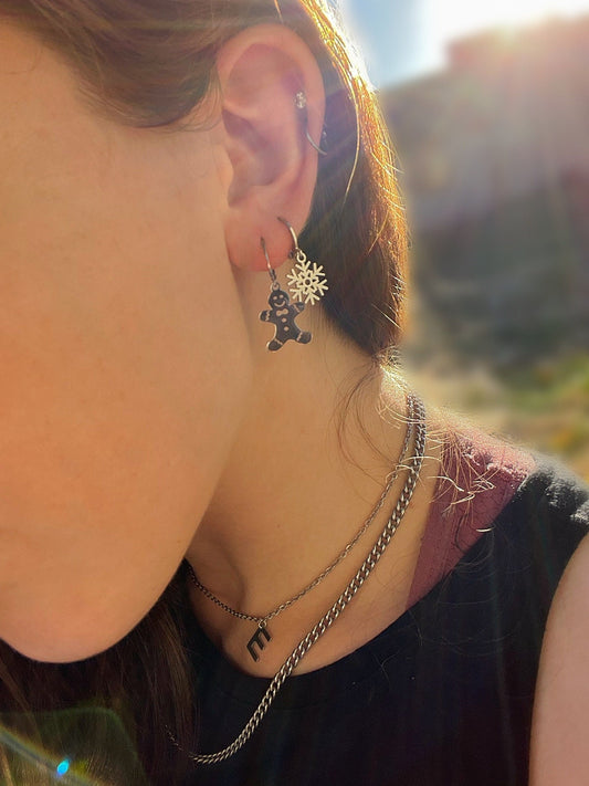 Stainless Steel Gingerbread or Snowflake Huggie Hoop Earrings | Winter Christmas Holiday Minimalist Earrings | Stackable Joyful Cheer |