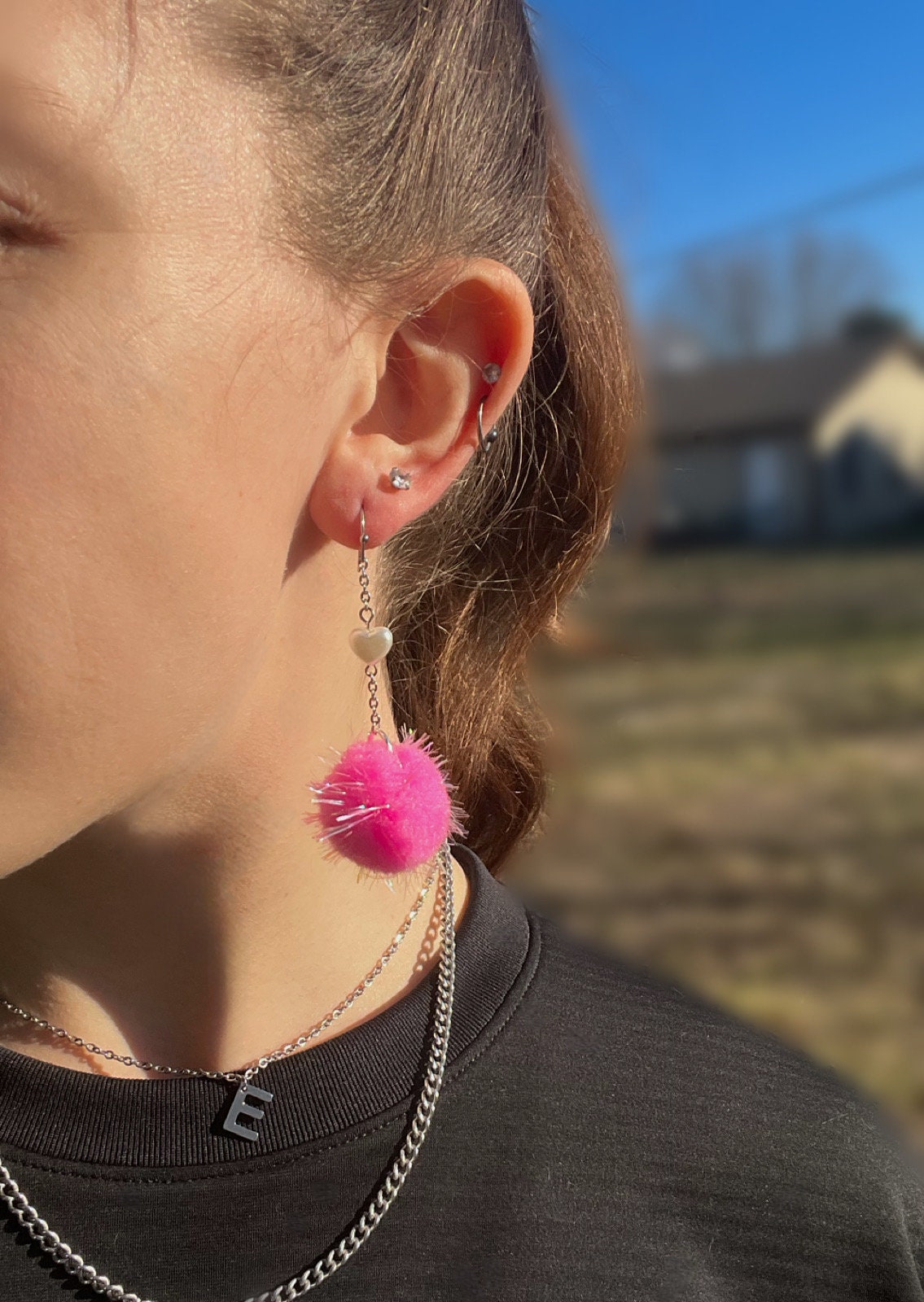 Pink Pom Dangles | White Pearl Heart Bead | Pink Fuzzy Pom Pom Drop Earrings | Valentines Day Pink Lovers | Light Pink Sparkle Lightweight |