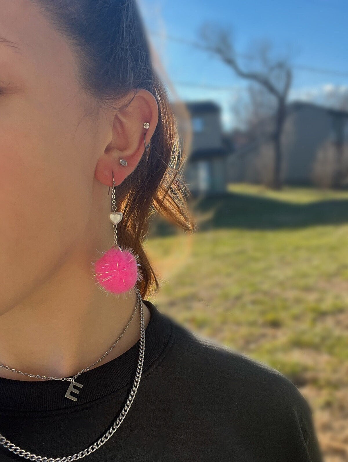 Pink Pom Dangles | White Pearl Heart Bead | Pink Fuzzy Pom Pom Drop Earrings | Valentines Day Pink Lovers | Light Pink Sparkle Lightweight |