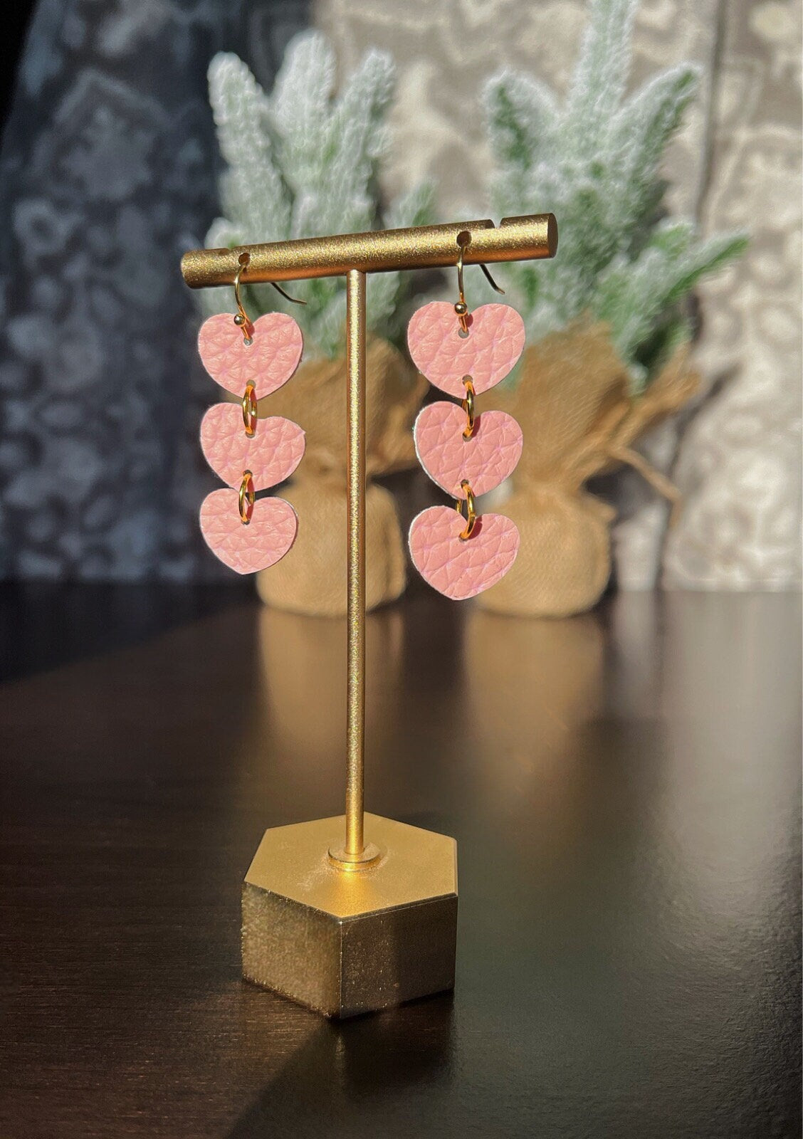 Heart Stack Dangles | Faux Leather Pink Heart Dangle Earrings | Lightweight Hearts | Valentine's Day | Love Hearts Gifts for Women | Happy |