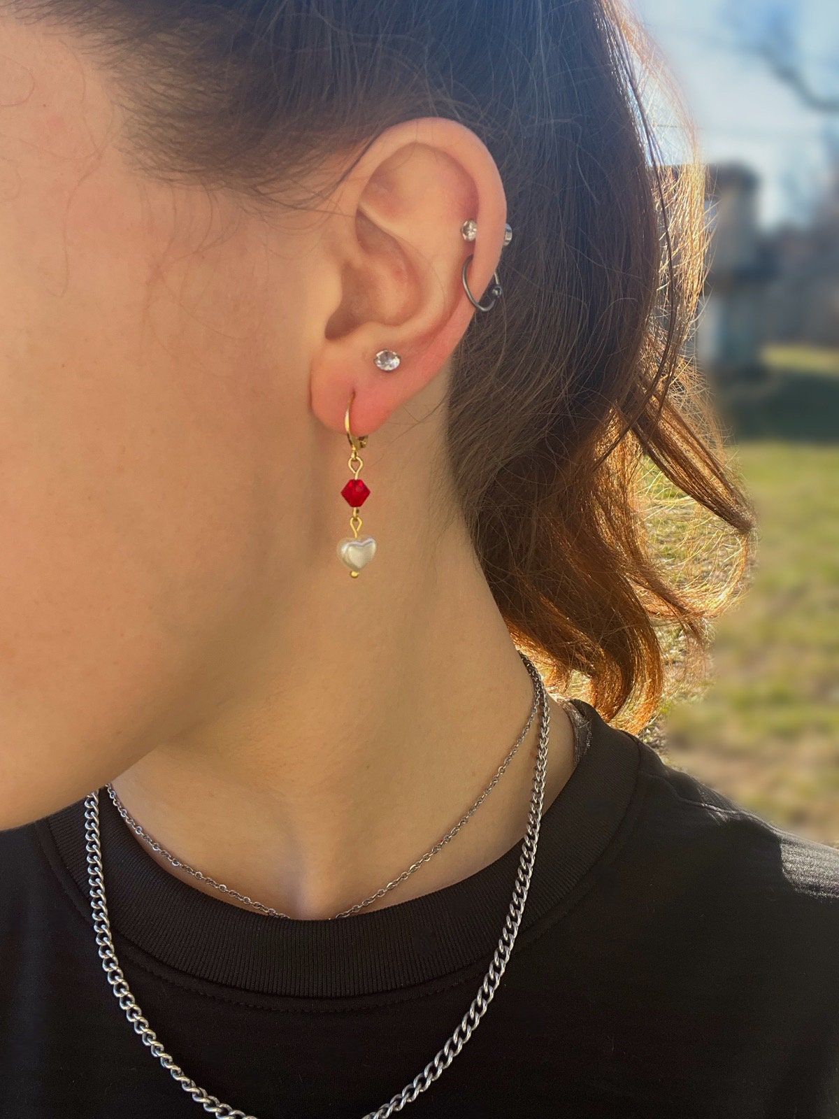 Pearl Heart Huggies | Elegant Earrings for Women | Valentine's Day Earrings | Red White Pearl Bead Earrings | Classy Stylish Huggie Hoop |