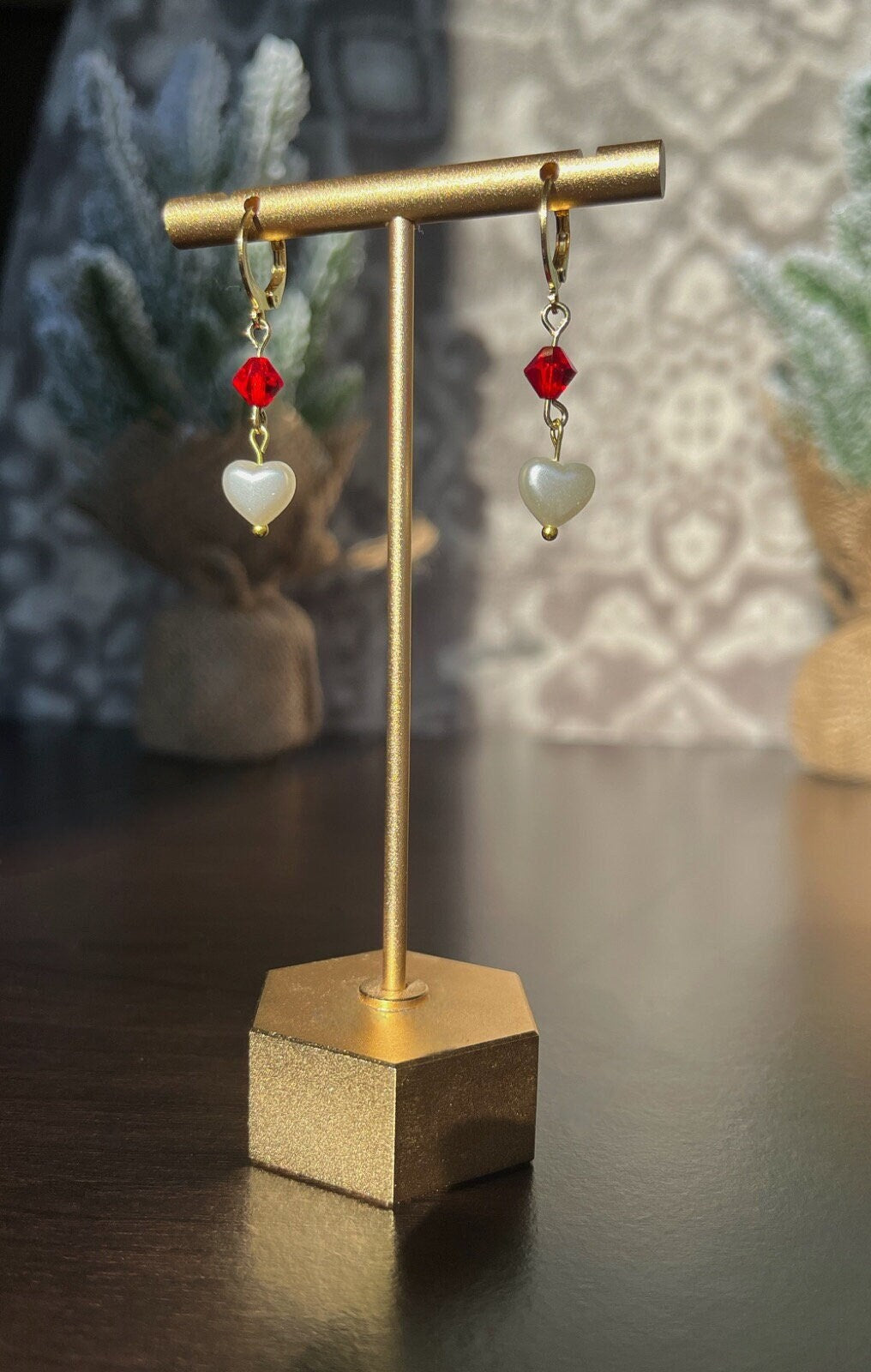 Pearl Heart Huggies | Elegant Earrings for Women | Valentine's Day Earrings | Red White Pearl Bead Earrings | Classy Stylish Huggie Hoop |