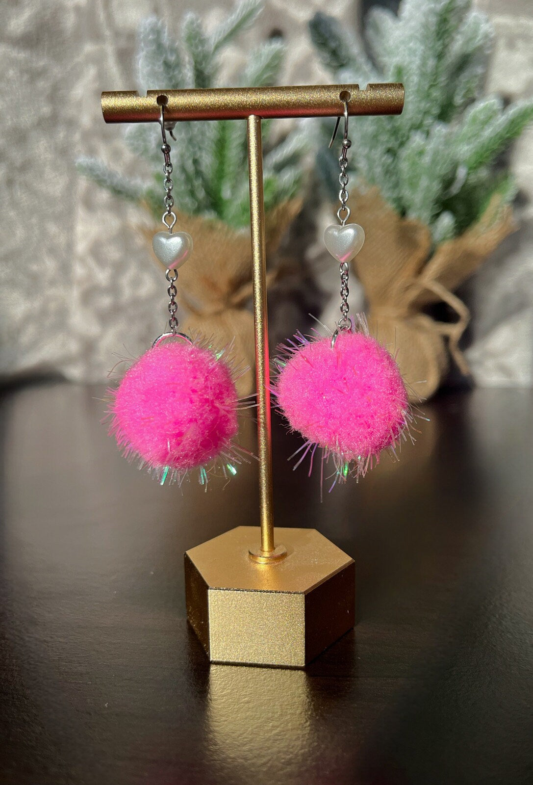 Pink Pom Dangles | White Pearl Heart Bead | Pink Fuzzy Pom Pom Drop Earrings | Valentines Day Pink Lovers | Light Pink Sparkle Lightweight |