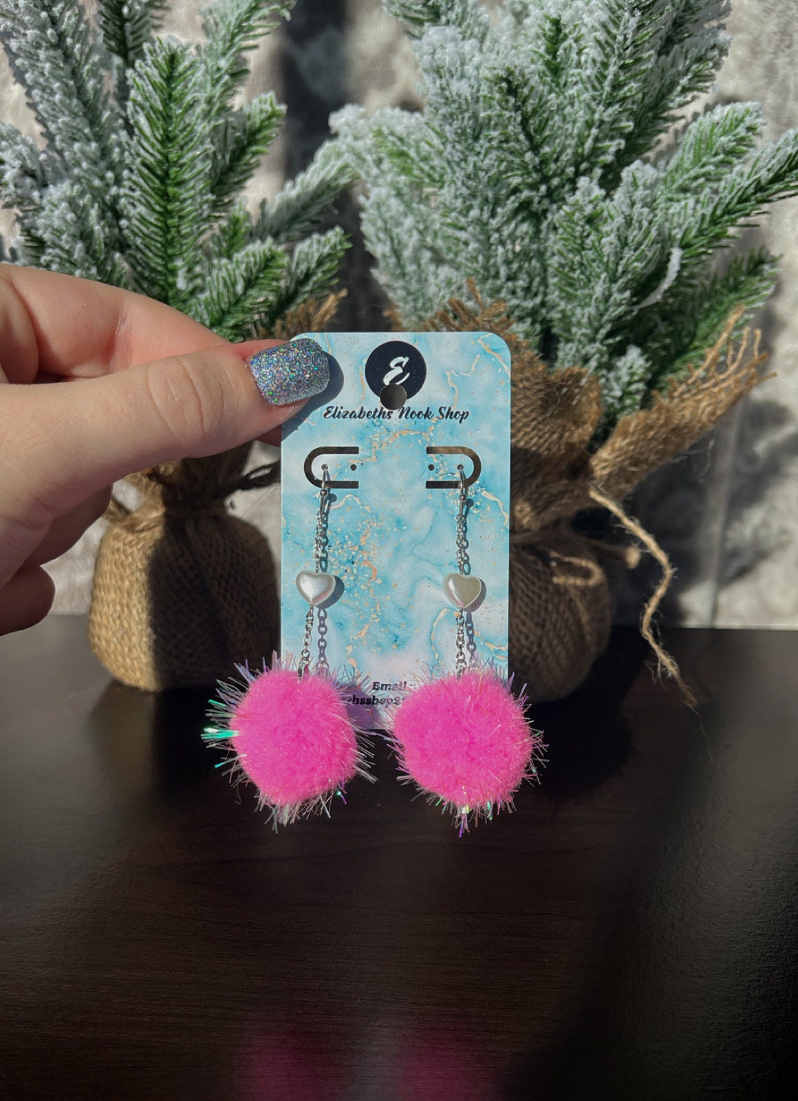Pink Pom Dangles | White Pearl Heart Bead | Pink Fuzzy Pom Pom Drop Earrings | Valentines Day Pink Lovers | Light Pink Sparkle Lightweight |