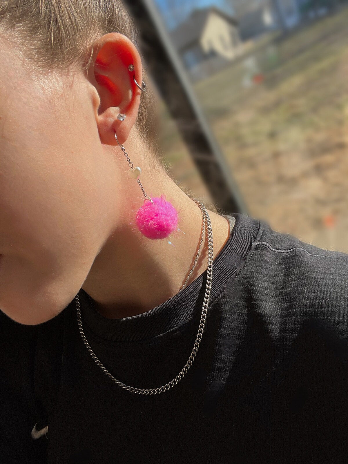 Pink Pom Dangles | White Pearl Heart Bead | Pink Fuzzy Pom Pom Drop Earrings | Valentines Day Pink Lovers | Light Pink Sparkle Lightweight |