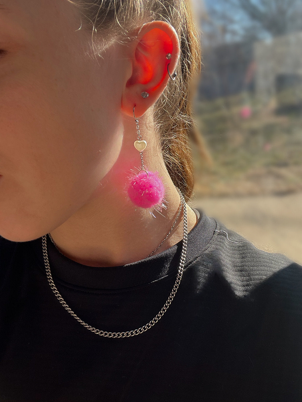 Pink Pom Dangles | White Pearl Heart Bead | Pink Fuzzy Pom Pom Drop Earrings | Valentines Day Pink Lovers | Light Pink Sparkle Lightweight |