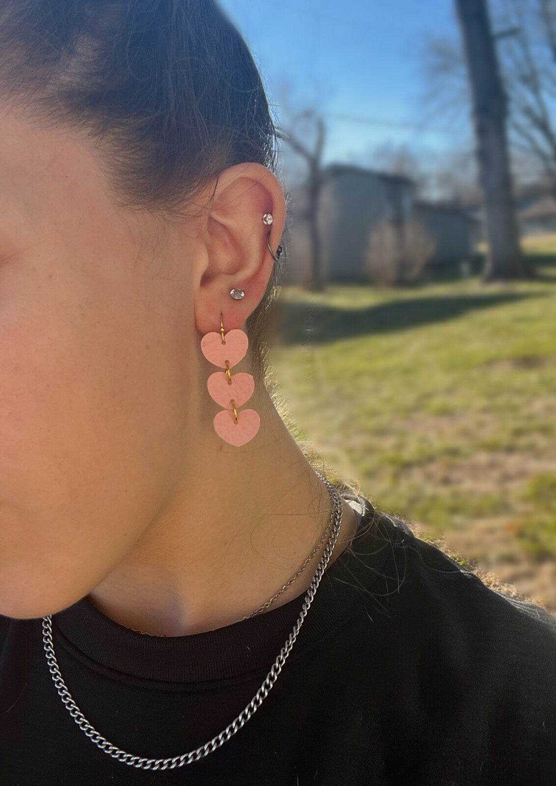 Heart Stack Dangles | Faux Leather Pink Heart Dangle Earrings | Lightweight Hearts | Valentine's Day | Love Hearts Gifts for Women | Happy |