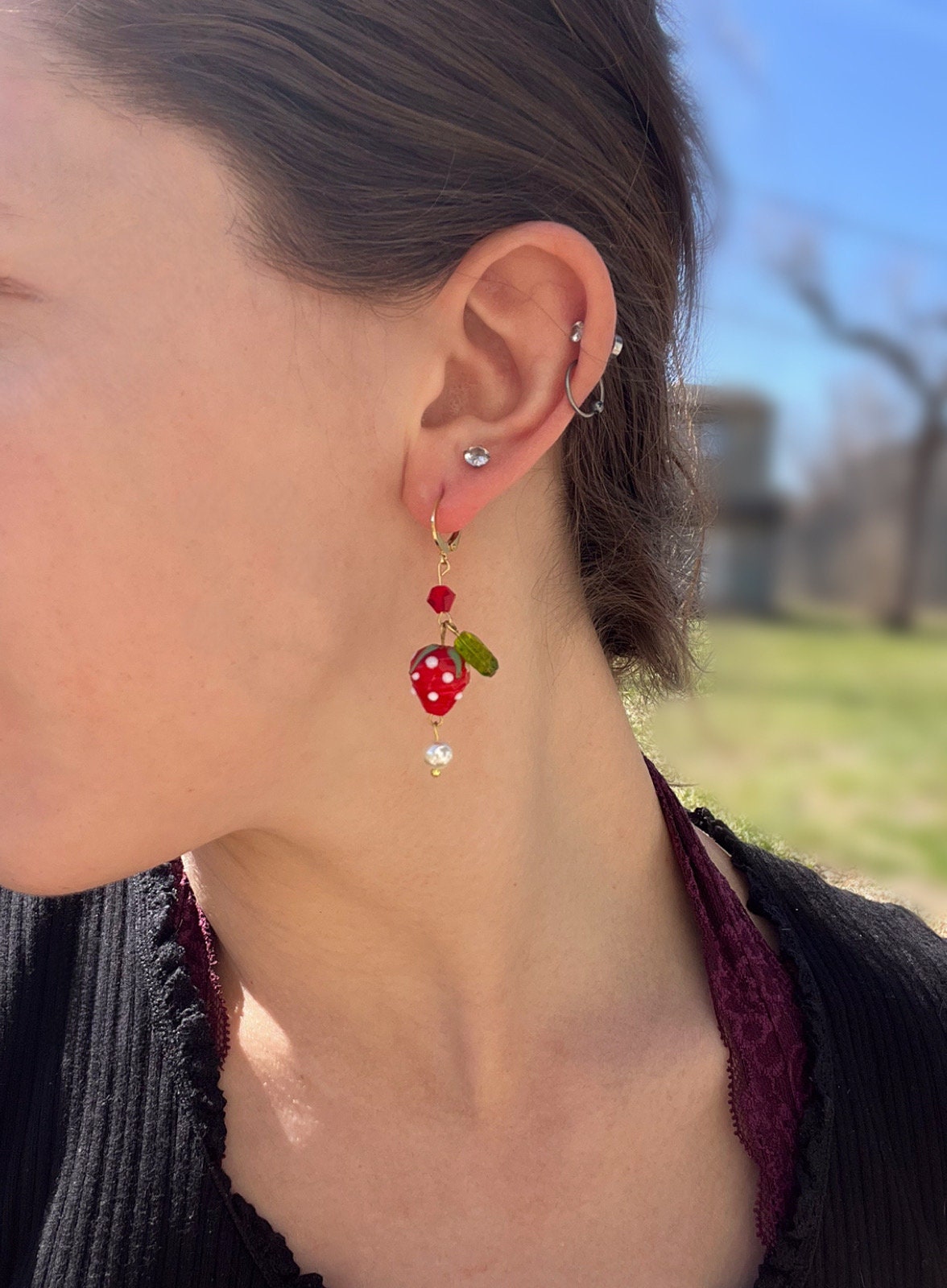 Strawberry Glass Earrings | Summer Fruit Cottage Core Earrings | Glass Gold Strawberry Huggies | Stainless Steel Earrings | Lightweight |